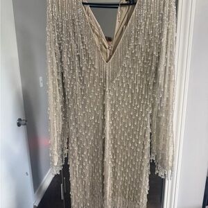 Nasty Gal Beaded Champagne/Taupe V-Neck Dress